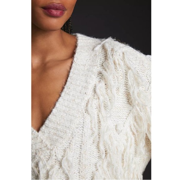 By Anthropologie Fringed Pullover Sweater Ivory White w/ Shimmer - Medium. - Picture 4 of 16